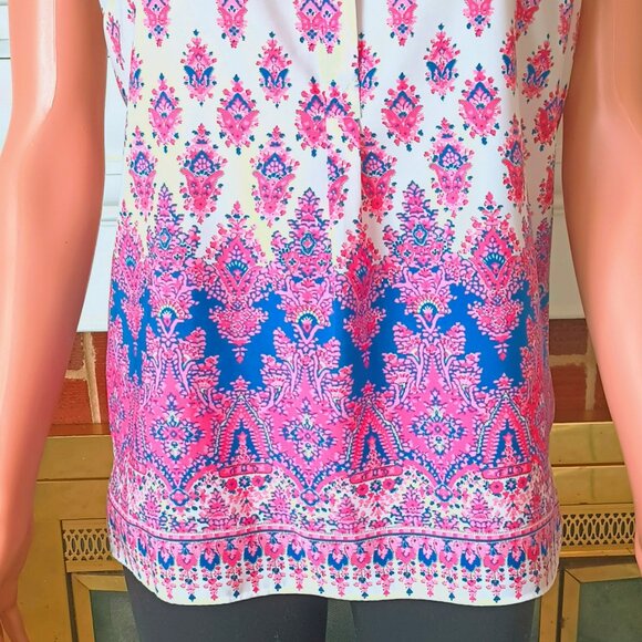 Talbots Split Neck Tunic Top SP White Pink Blue Floral Blouse with Side Slits - Picture 6 of 8